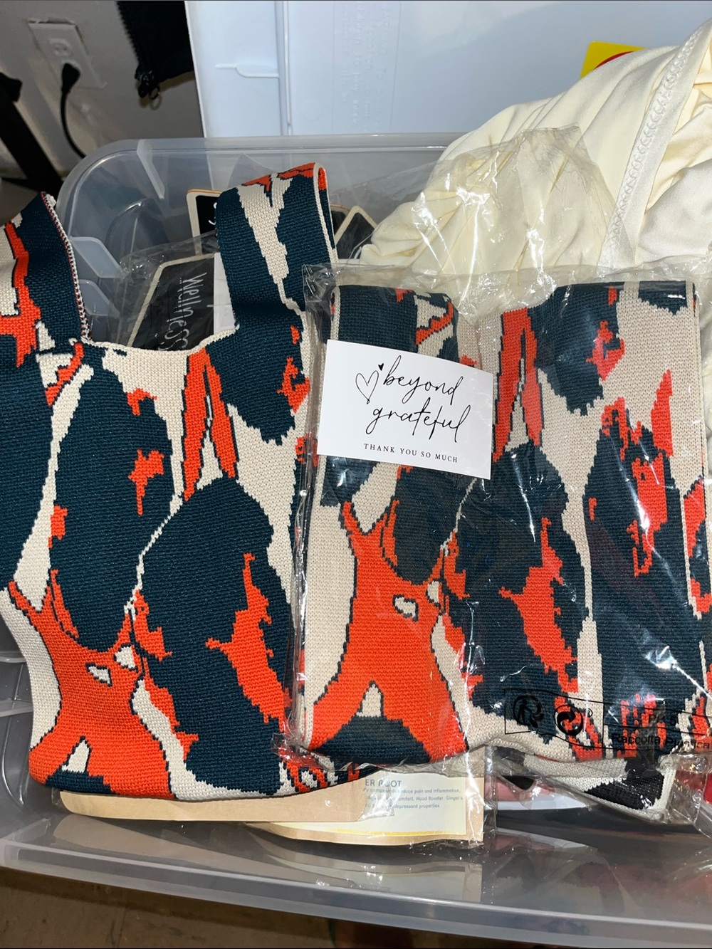 Stylish Multi-Color Knit Tote Bag - Orange, Cream & Dark Teal